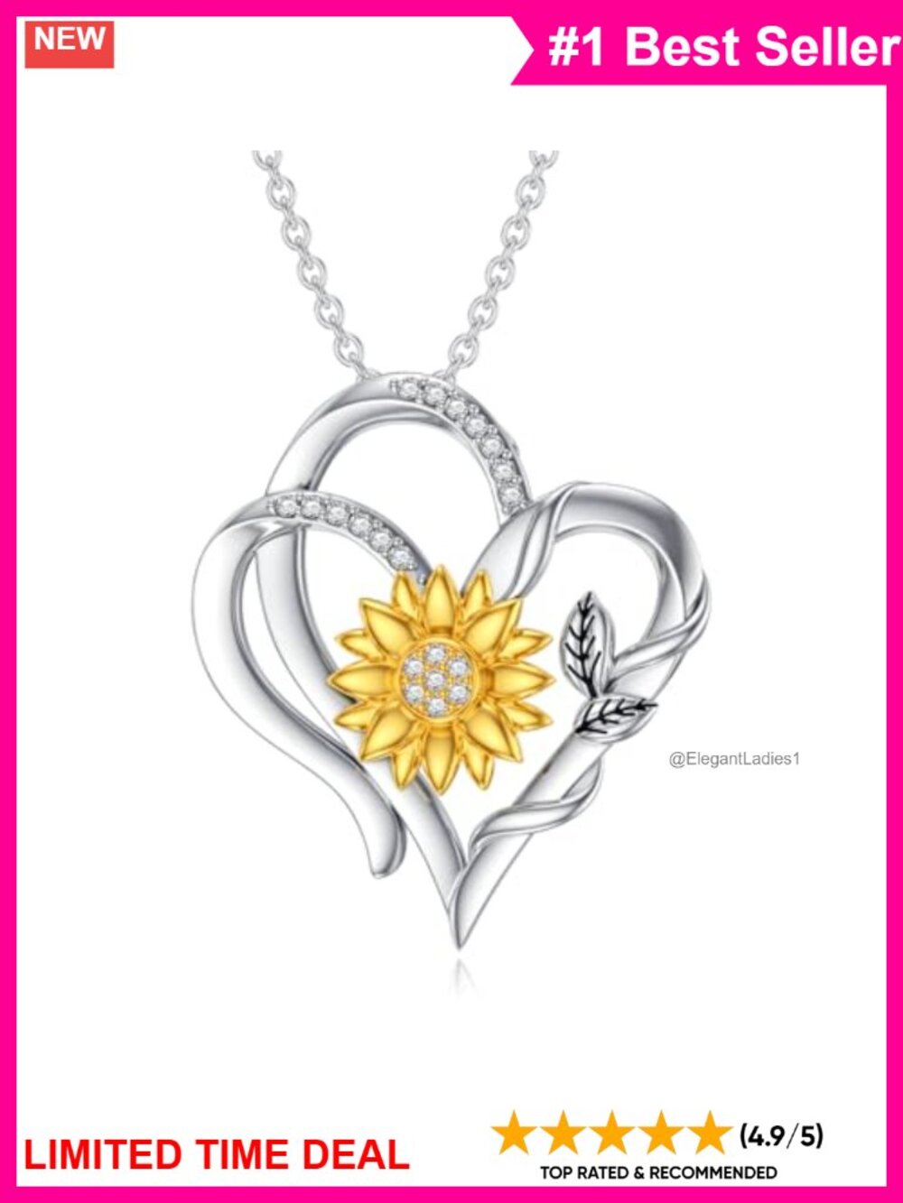 925 Sterling Silver Sunflower Pendant Necklace Lab Grown Diamond Fine Jewelry